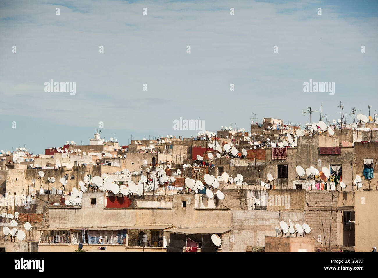 North Africa, Morocco, Fez. Roof tops with parabolic satellite dishes. . Stock Photo
