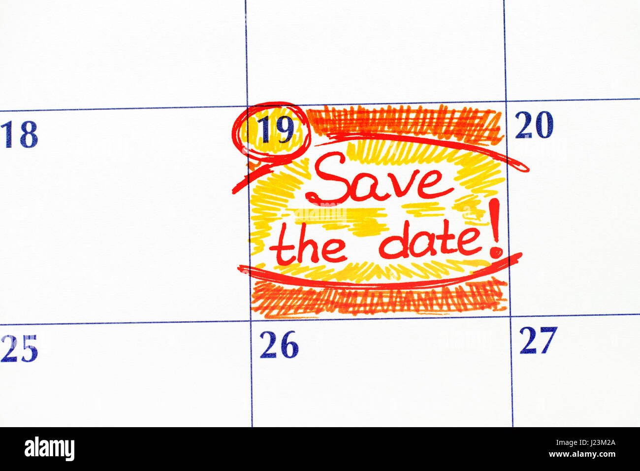 Reminder Save the Date in calendar. Close-up. Stock Photo