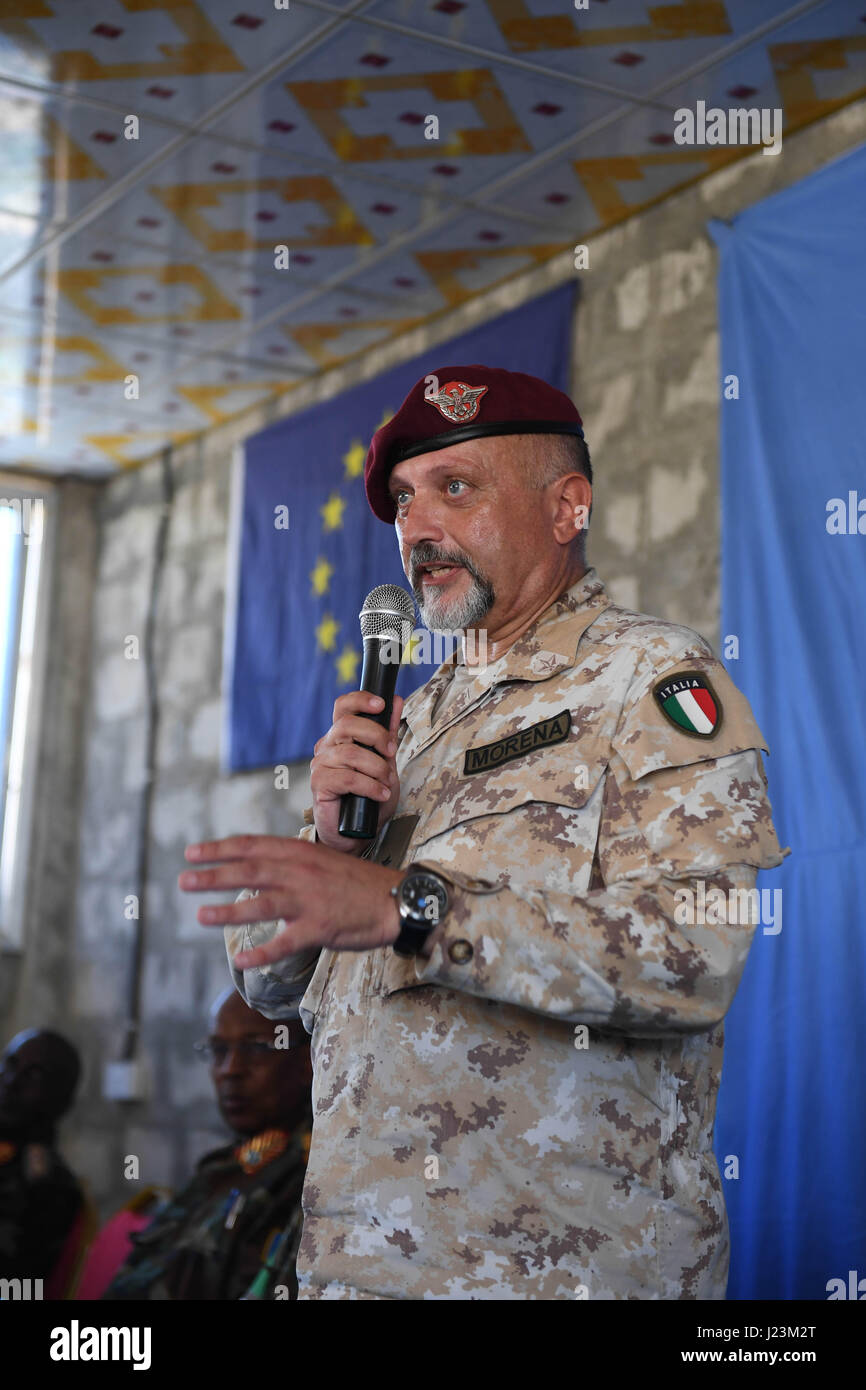 Somalian European Union Training Mission Commander Maurizio Moreno speaks to Somali National Army soldiers at the General Dhegabadan Training Camp January 14, 2017 in Mogadishu, Somalia.   (photo by Omar Abdisalan /AU-UN via Planetpix) Stock Photo