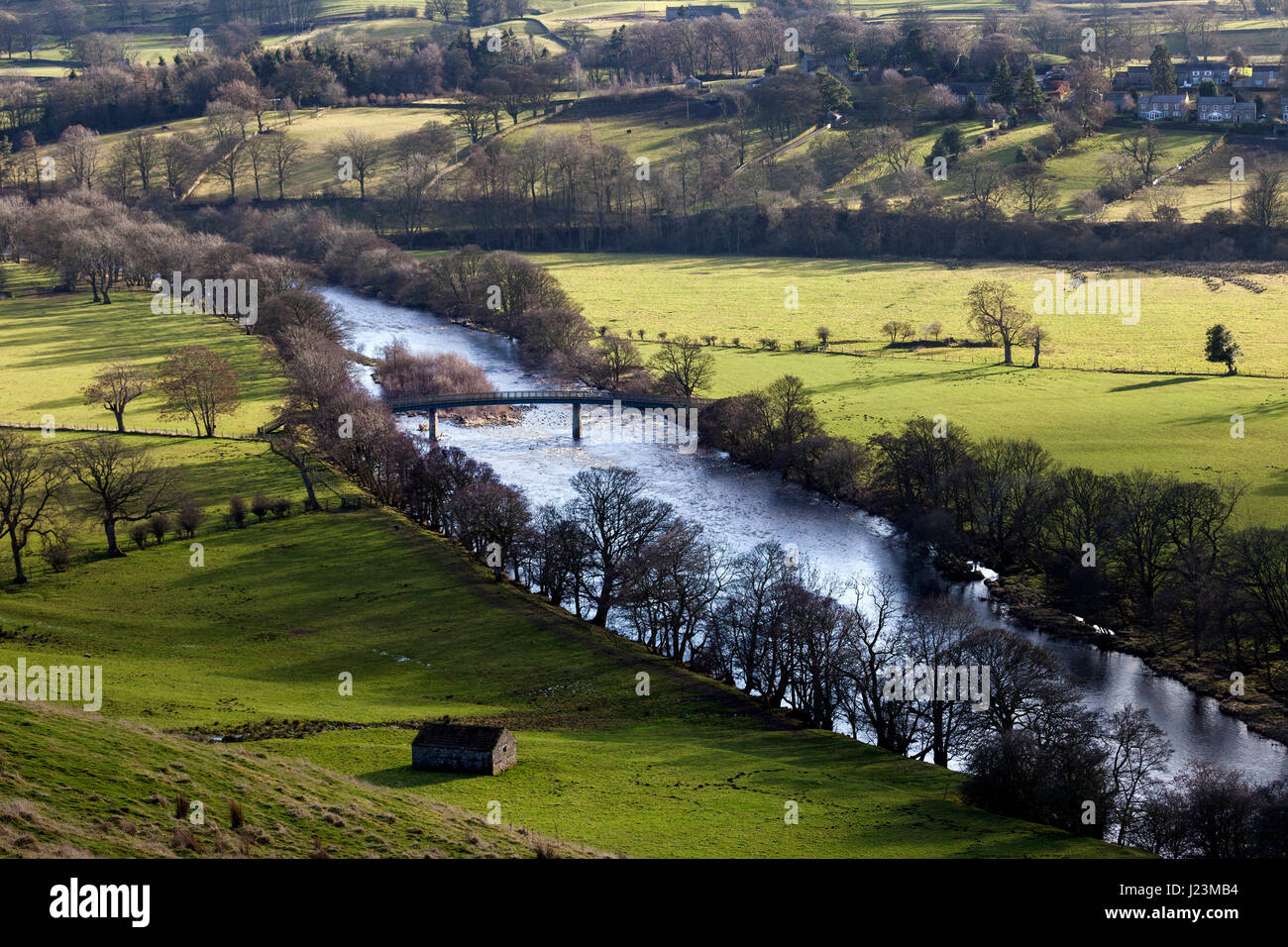 The Beckstones Wath Footbridge (Millennium Bridge) Over the River Tees Viewed from Whistle Crag Near Mickleton, Middleton-in-Teesdale, County Durham U Stock Photo