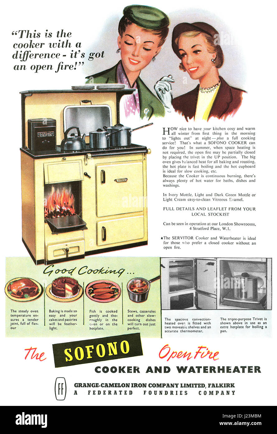 1956 British advertisement for Sofono Cookers by the Grange-Camelon Iron Company of Falkirk. Stock Photo