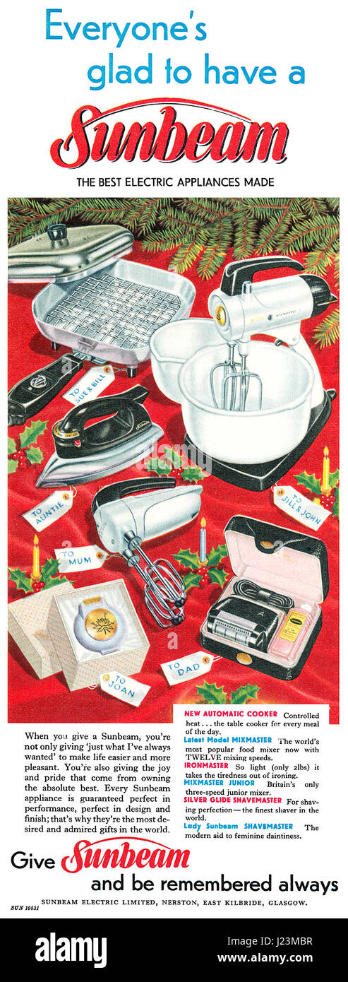 1958 British Christmas advertisement for Sunbeam Electrical Appliances. Stock Photo