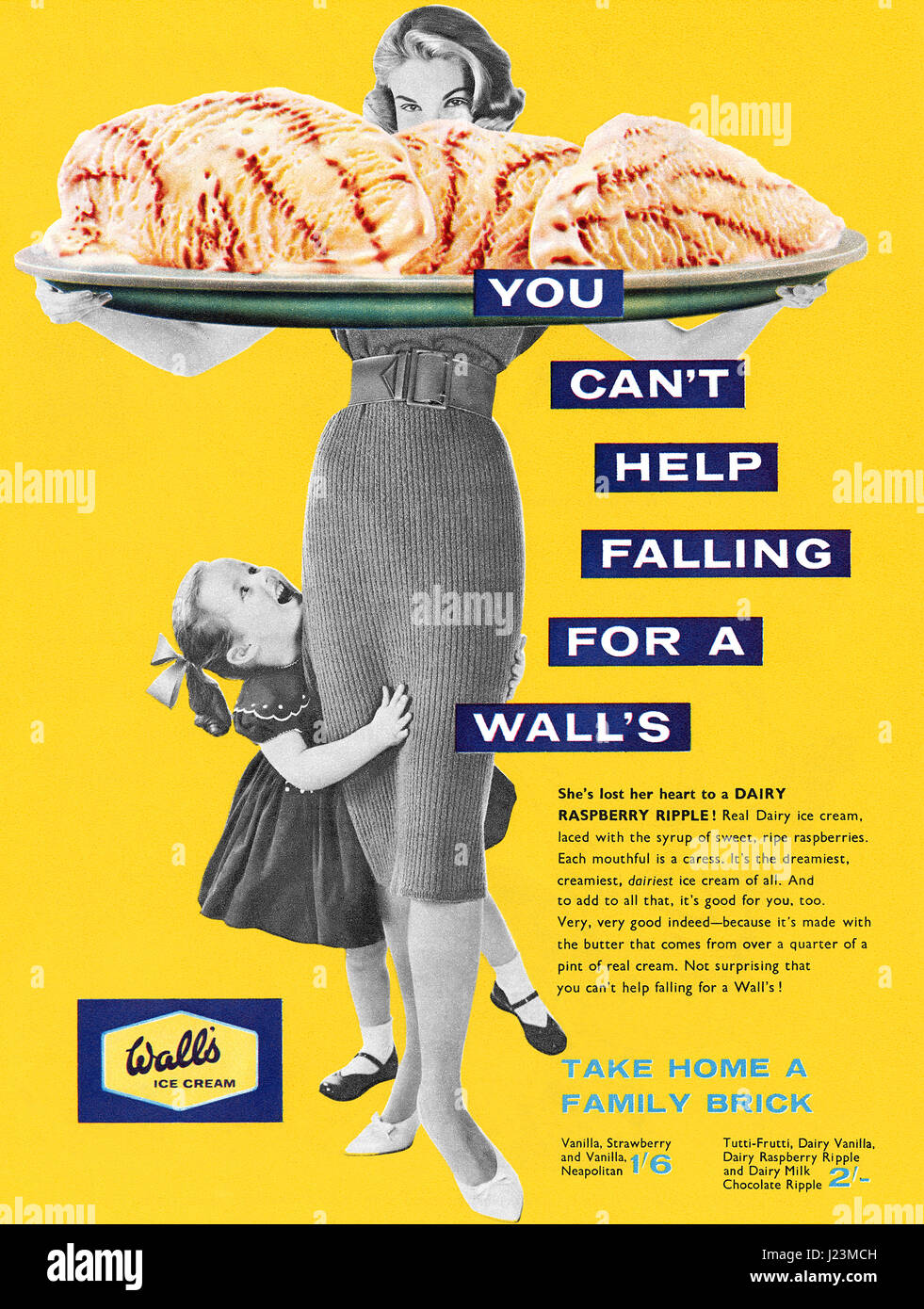 1959 British advertisement for Wall's Raspberry Ripple dairy ice cream. Stock Photo