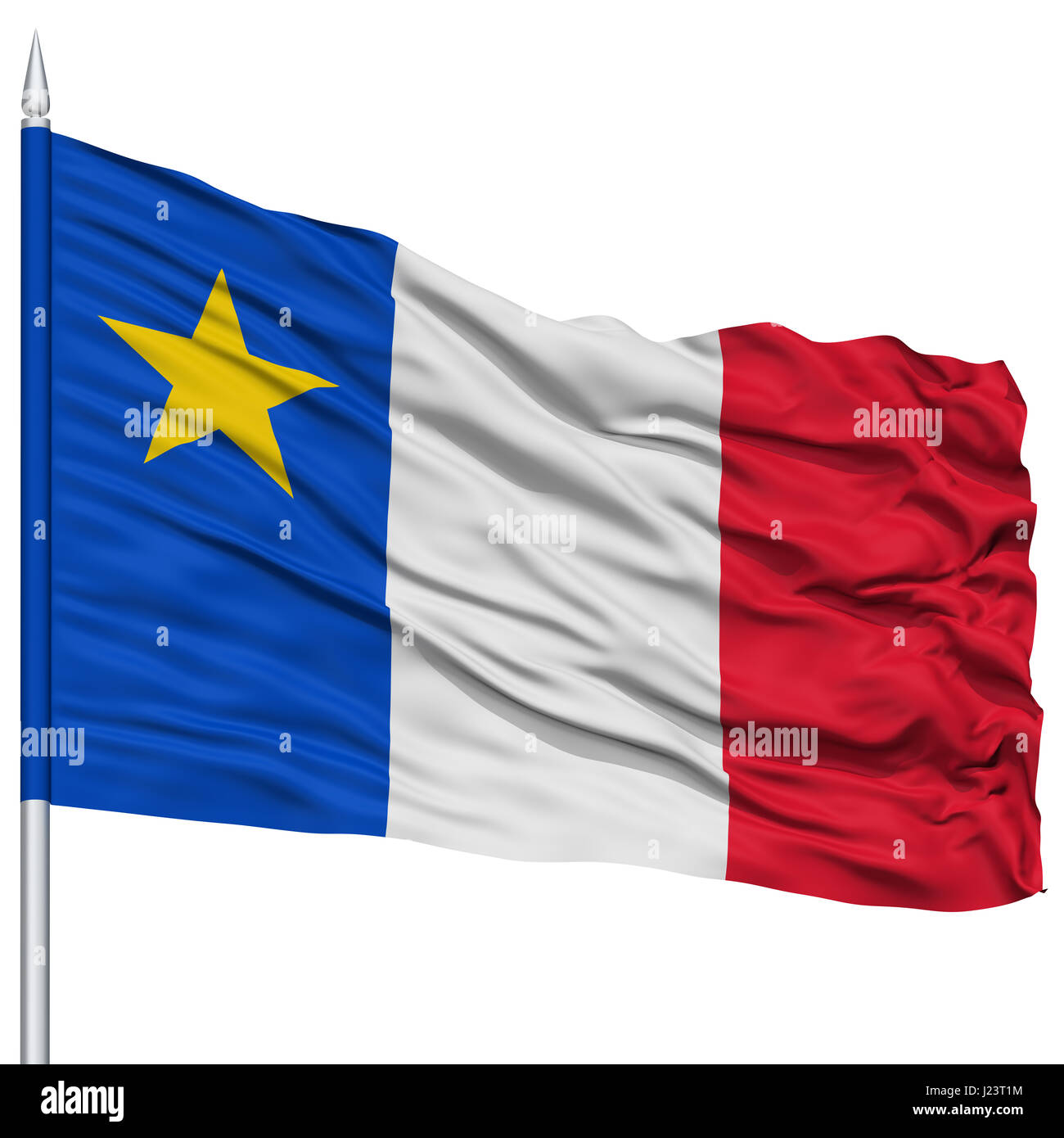 Acadia Madawaska City Flag on Flagpole, Maine State, Flying in the Wind, Isolated on White Background Stock Photo