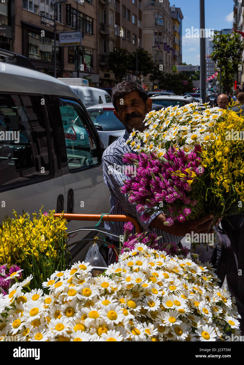 Spring in Istanbul - street seller selling daisy and other flowers in rich Istanbul area of Nisantasi, in the heart of the European side Stock Photo