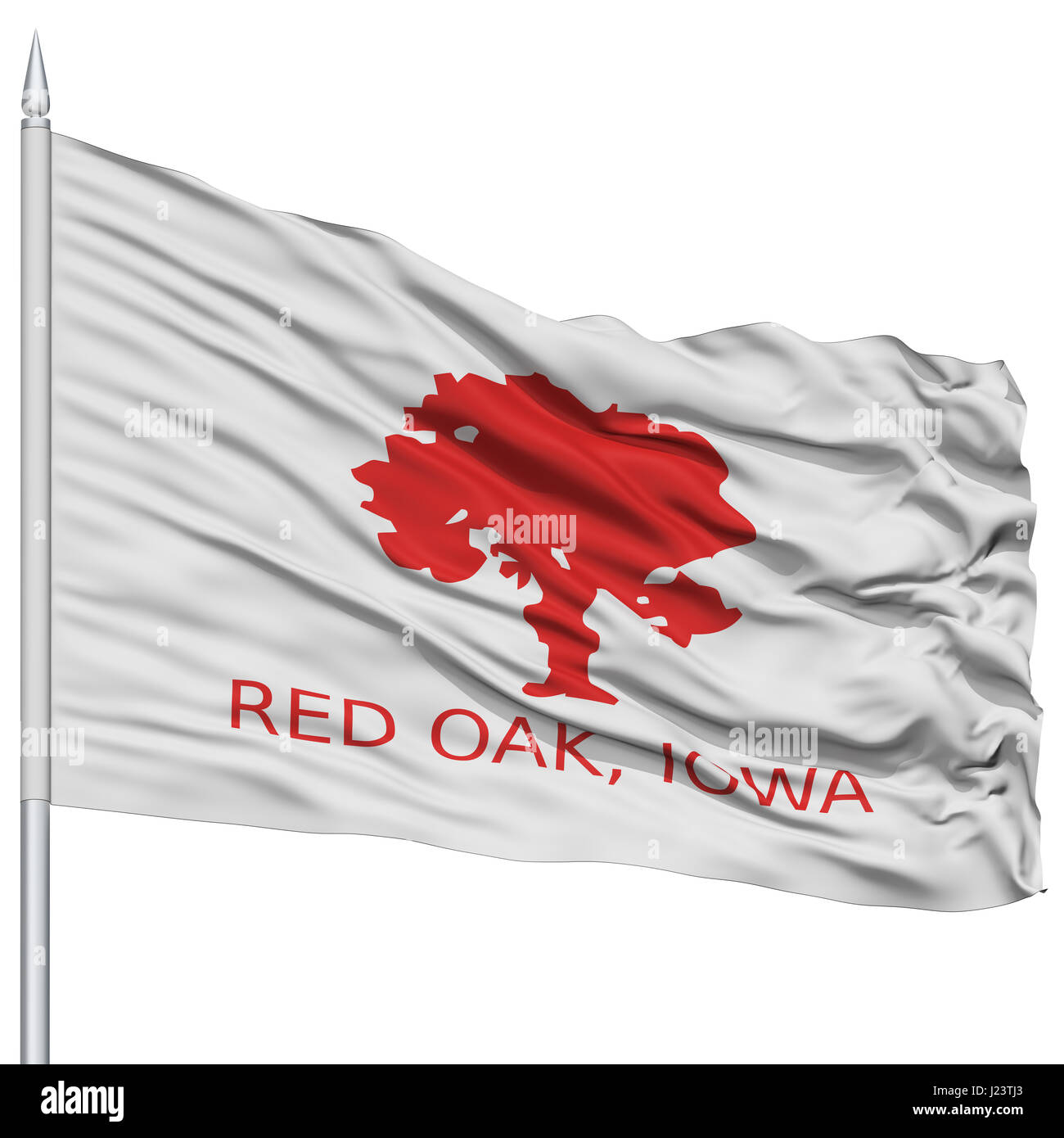 Red Oak City Flag on Flagpole, Iowa State, Flying in the Wind, Isolated on White Background Stock Photo