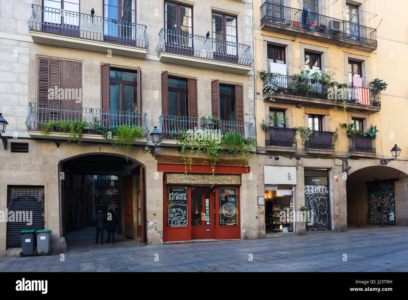 Barcelona, Spain - January 08 2017: Exterior of the Pirineu en Boca Born restaurant, located in a Gothic quarter of Barcelona Stock Photo