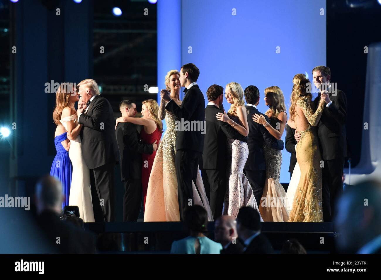U.S. President Donald Trump, First Lady Melania Trump, and family dance on stage during the 58th Presidential Inauguration Freedom Ball at the Walter E. Washington Convention Center January 20, 2017 in Washington, DC.    (photo by Tammy Nooner/DoD  via Planetpix) Stock Photo