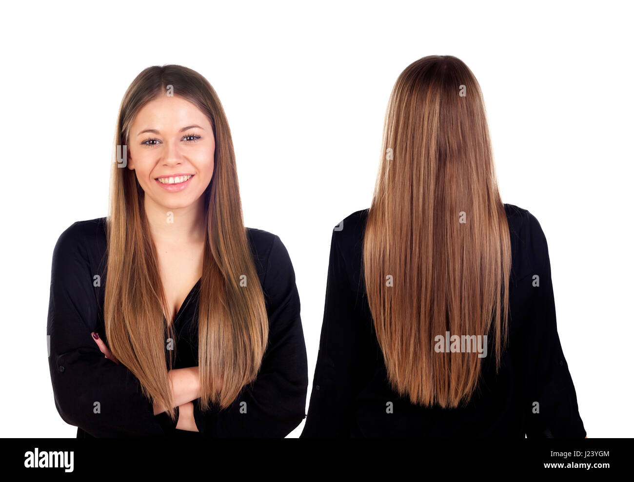 Front and back views of a teenger girl with long hair isolated on a white  background Stock Photo - Alamy