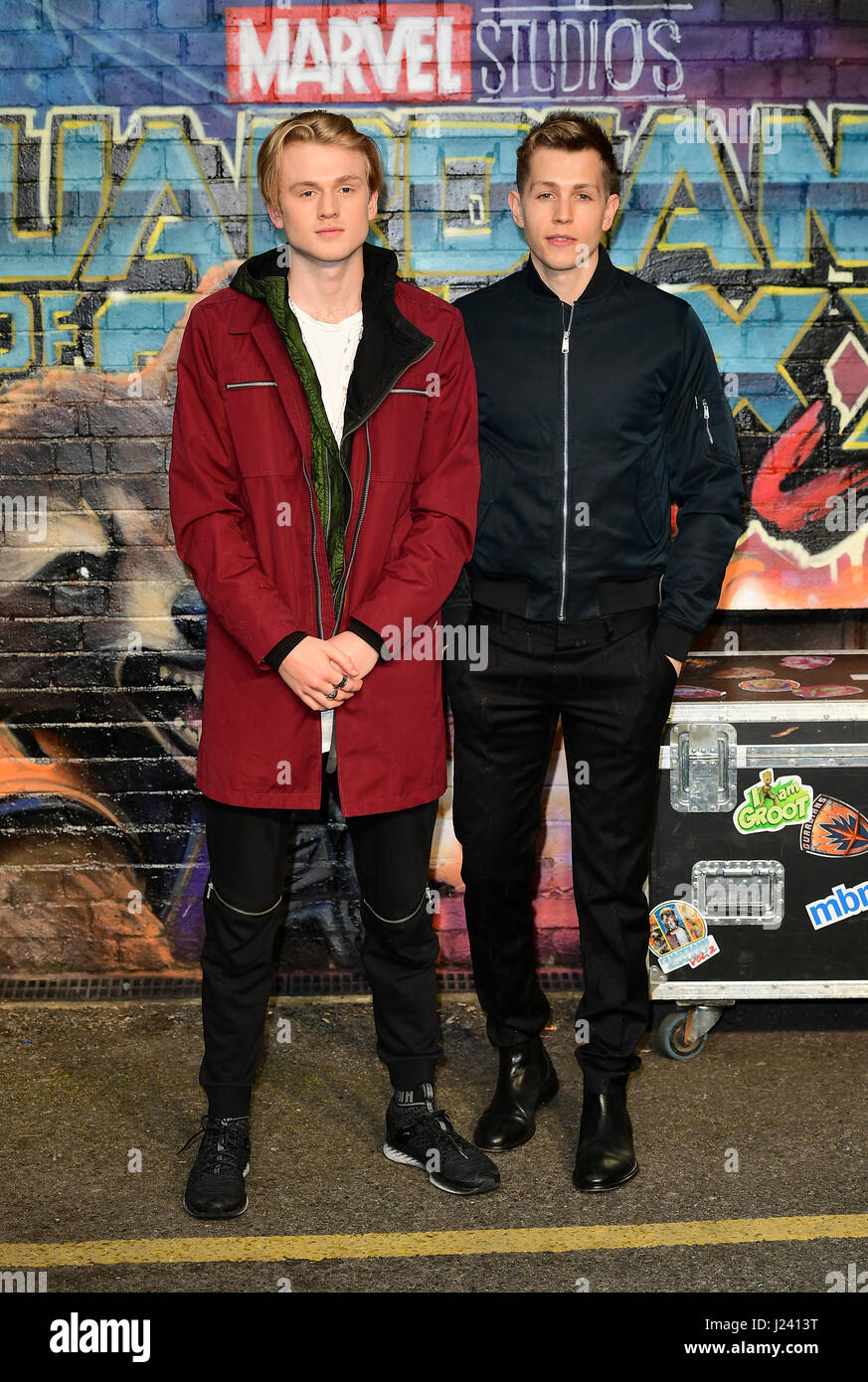 Tristan Evans and James McVey attending The European Premiere of Guardians of the Galaxy Vol. 2 held at the Eventim Apollo, London. Stock Photo