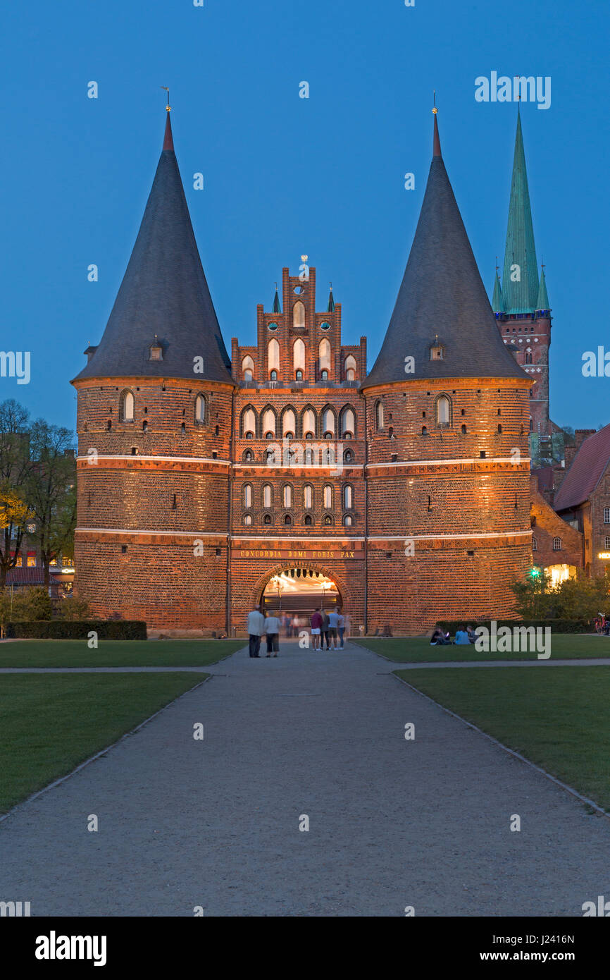 Holstentor in twilight, City gate of Lübeck, Schleswig-Holstein, Germany, Europe Stock Photo