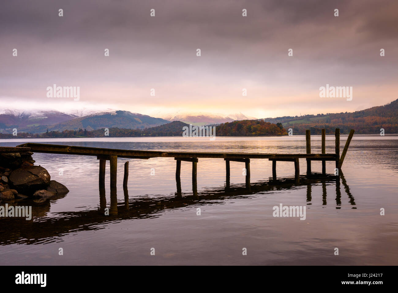 Jetty at Victoria Bay on Derwent Water in the Lake District National Park, Cumbria, England. Stock Photo