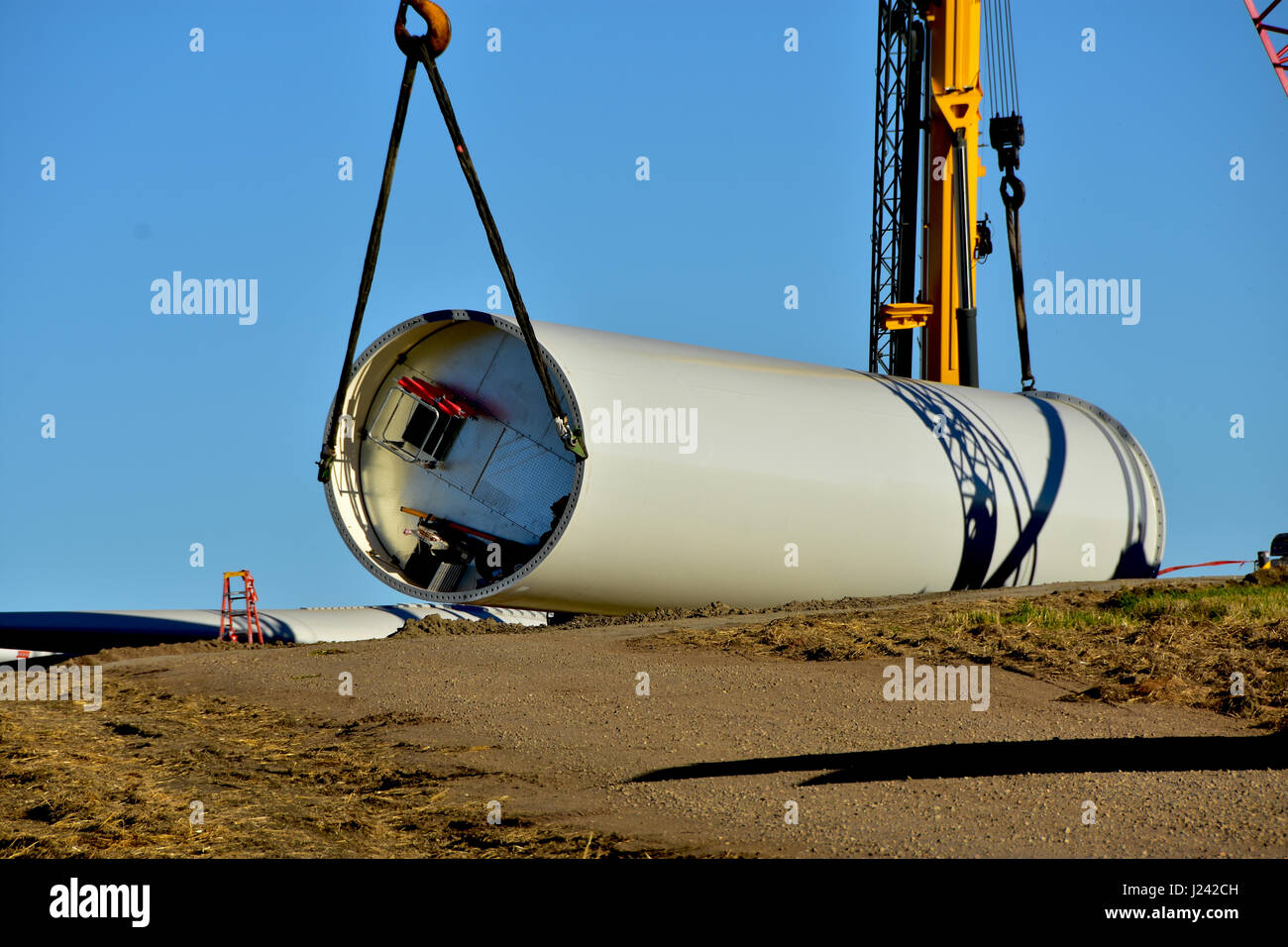 Towers for new wind turbines under construction in North Dakota. Stock Photo