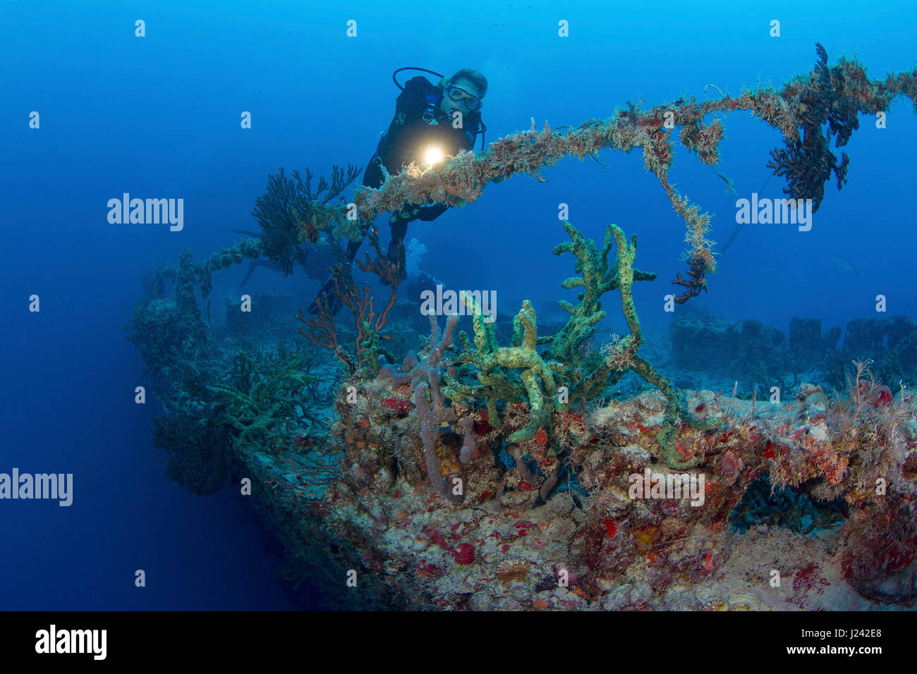 Diving the shipwreck of the Spiegel Grove on the occasion of the 10th anniversary of its sinking as an artificial reef Stock Photo