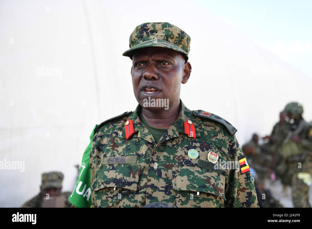 The incoming contingent commander of the Uganda People’s Defence Forces Col. Chris Ogwal during  a ceremony to receive newly deployed soldiers from Uganda April 7, 2017 in Mogadishu, Somalia. Stock Photo