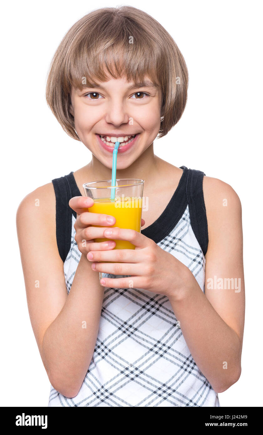 Girl drinking orange juice Stock Photo Alamy