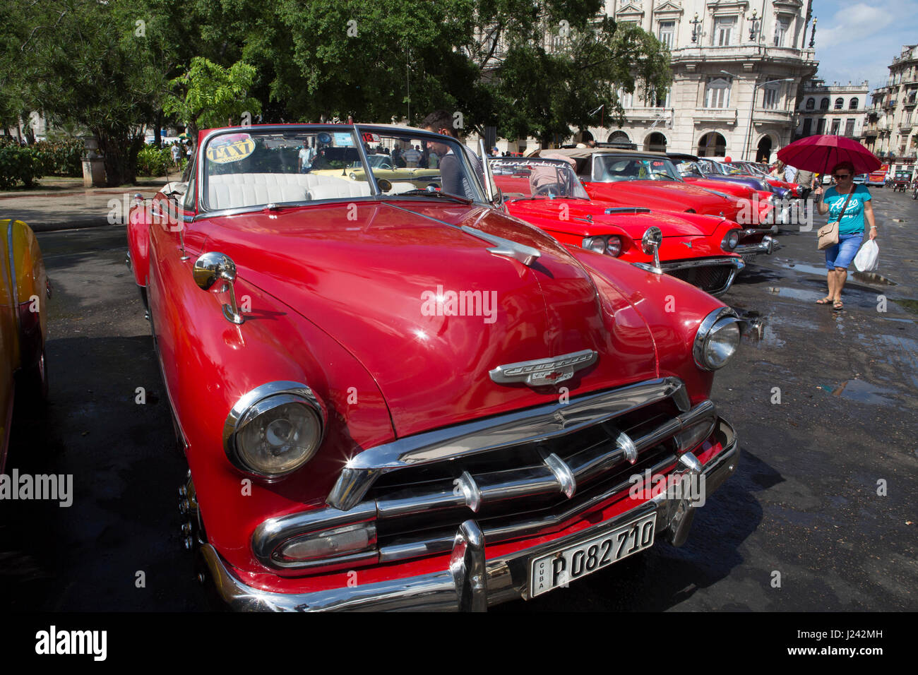 Classic American cars utilized as taxis in Havana. Stock Photo
