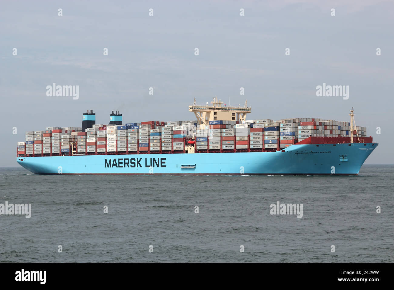 MAERSK MC-KINNEY MOLLER on its maiden voyage to Rotterdam. At this time it had the largest cargo capacity in TEU of any vessel worldwide. Stock Photo