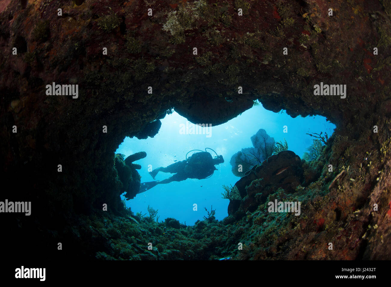 Diver swims towards opening in reef. Stock Photo
