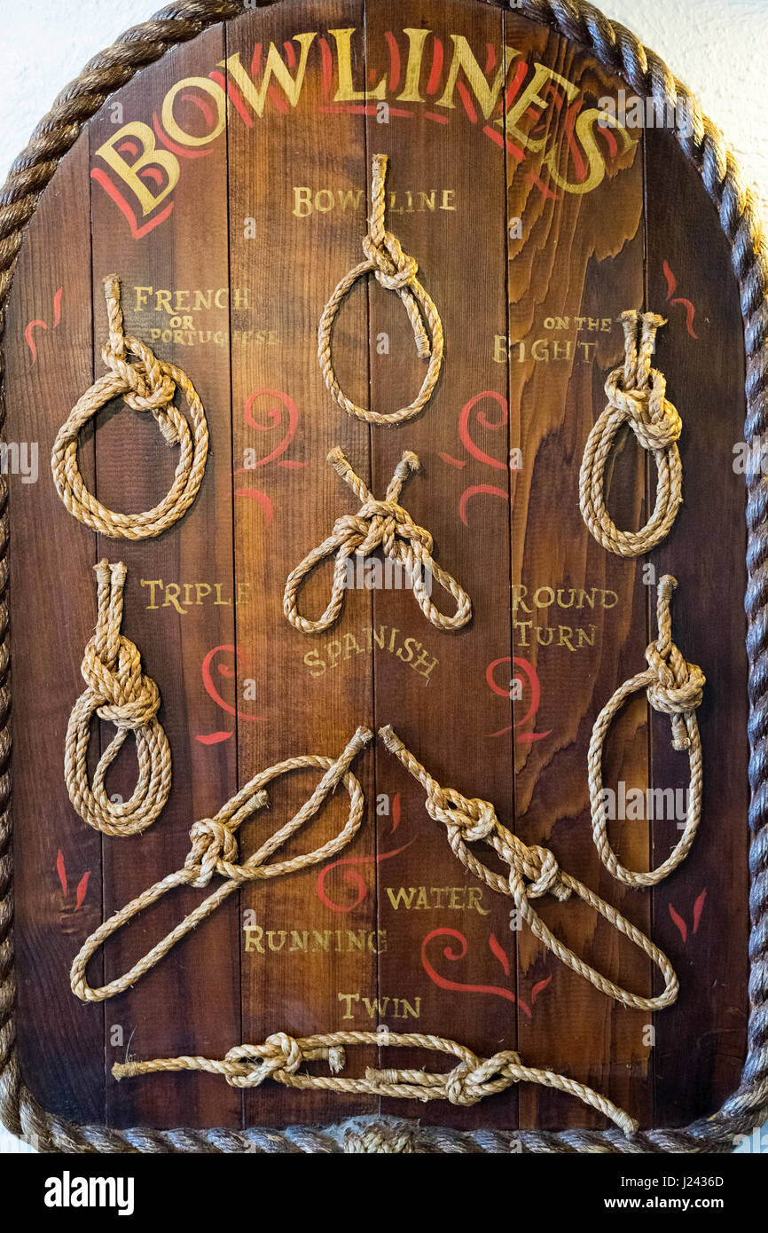 Bowlines, Display of nautical knots on a display board, Lindisfarne, Northumberland. Stock Photo