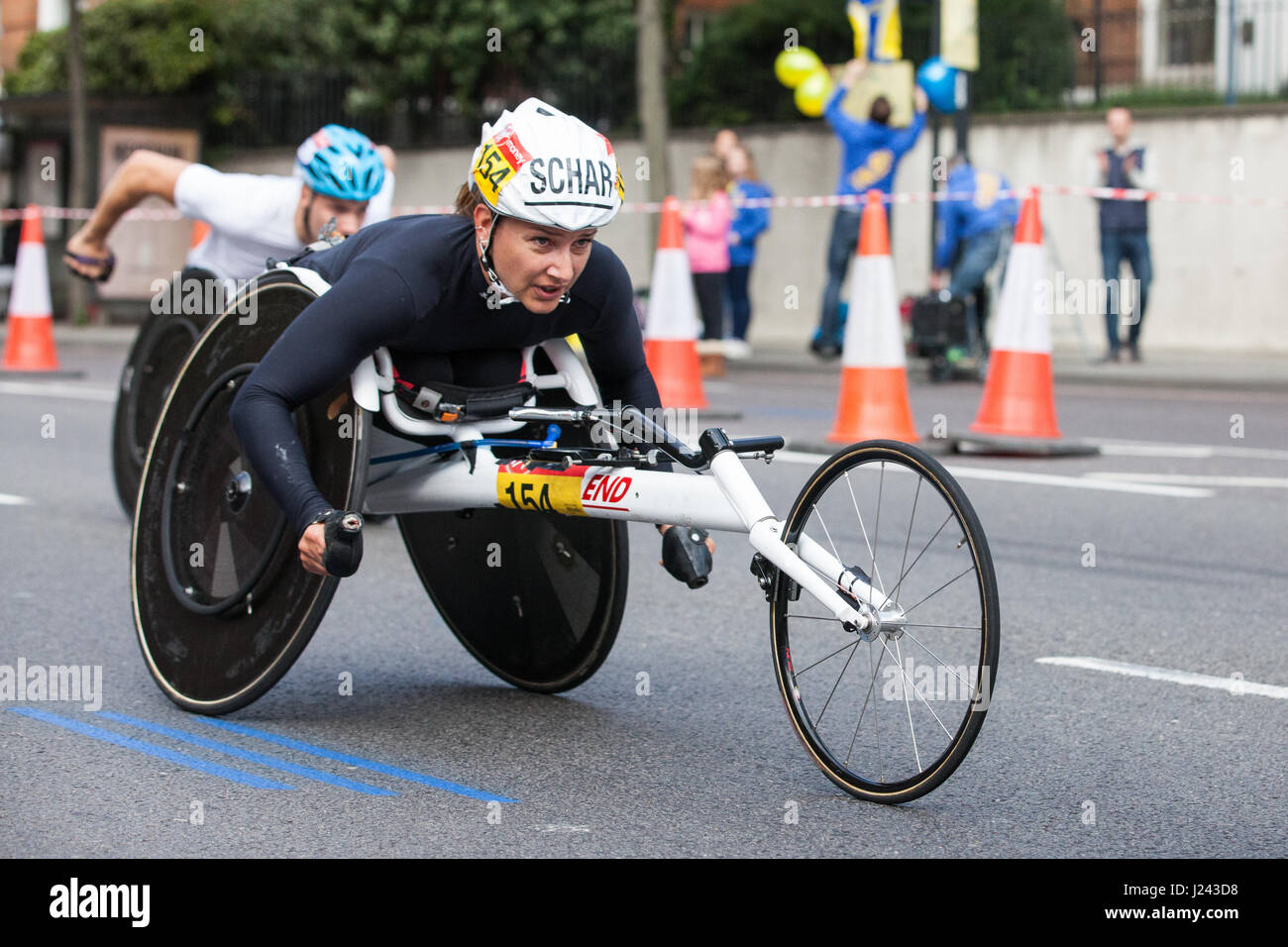 London, UK. 23rd April, 2017. Manuela Schar of Switzerland, who won the women's event, competes in the in the T53/T54 event for wheelchair racers with Stock Photo