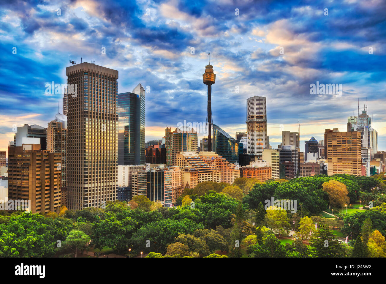 Warm sunset over Sydney city CBD towers and Hyde park trees. Australian landmark buildings and cityscape under thick clouds reflecting sun light. Stock Photo