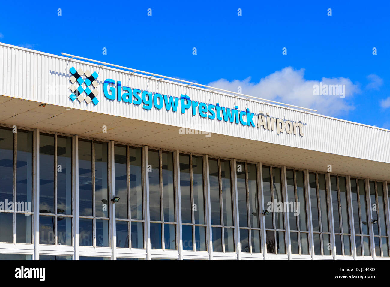 Main entrance sign at Glasgow Prestwick Airport, Prestwick, Ayrshire, Scotland. This airport has been bought over by the Scottish Government and has n Stock Photo