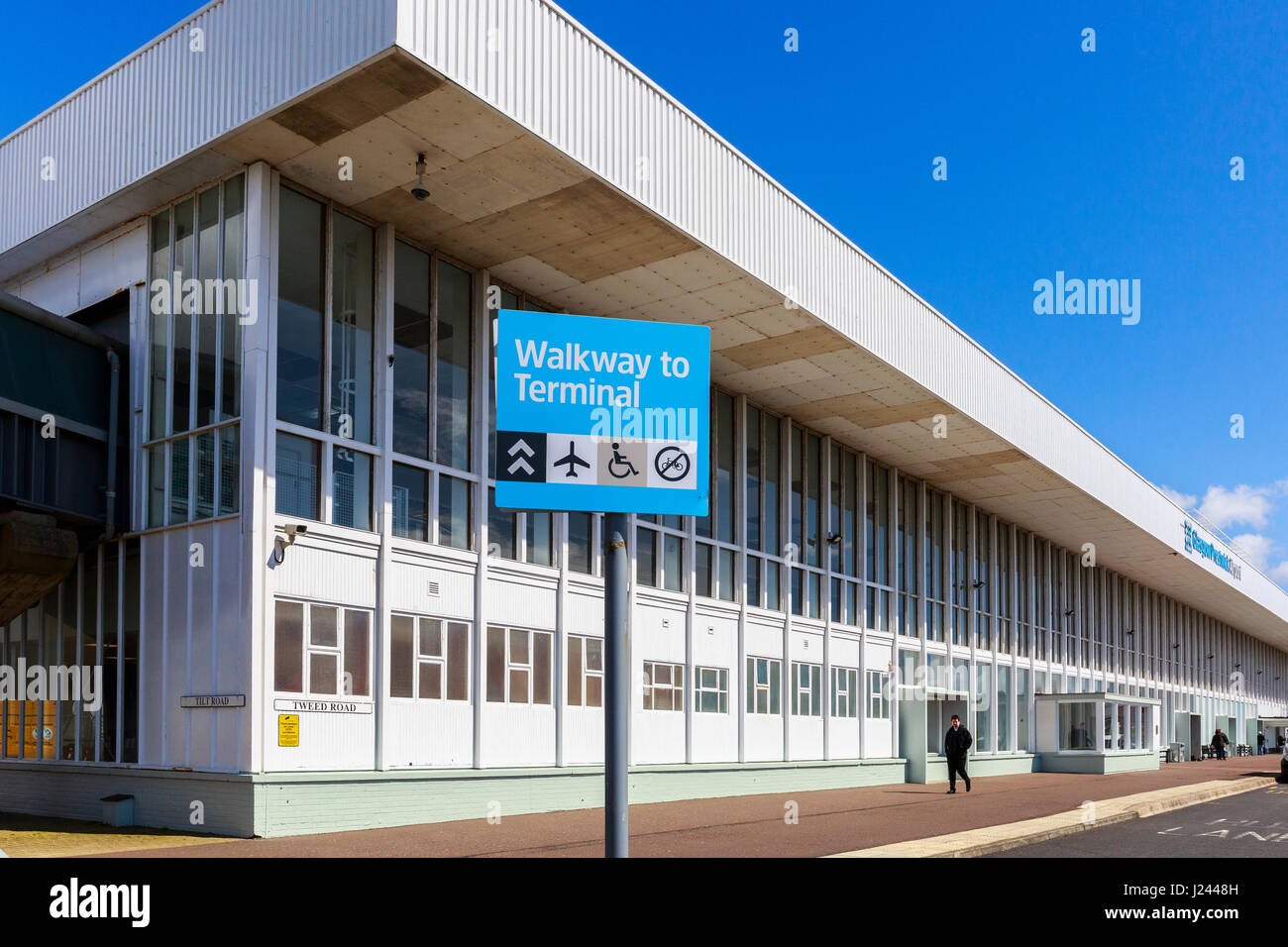 Main entrance sign at Glasgow Prestwick Airport, Prestwick, Ayrshire, Scotland. This airport has been bought over by the Scottish Government and has n Stock Photo