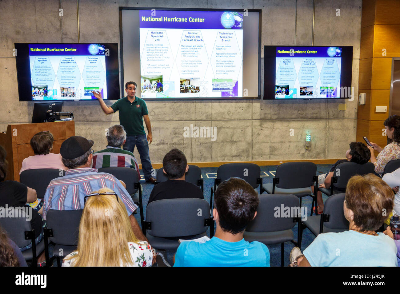 Miami Florida,National Hurricane Center,NHC,NOAA,National Weather Service,open house,interior inside,presentation,man men male,audience,meteorology,sp Stock Photo