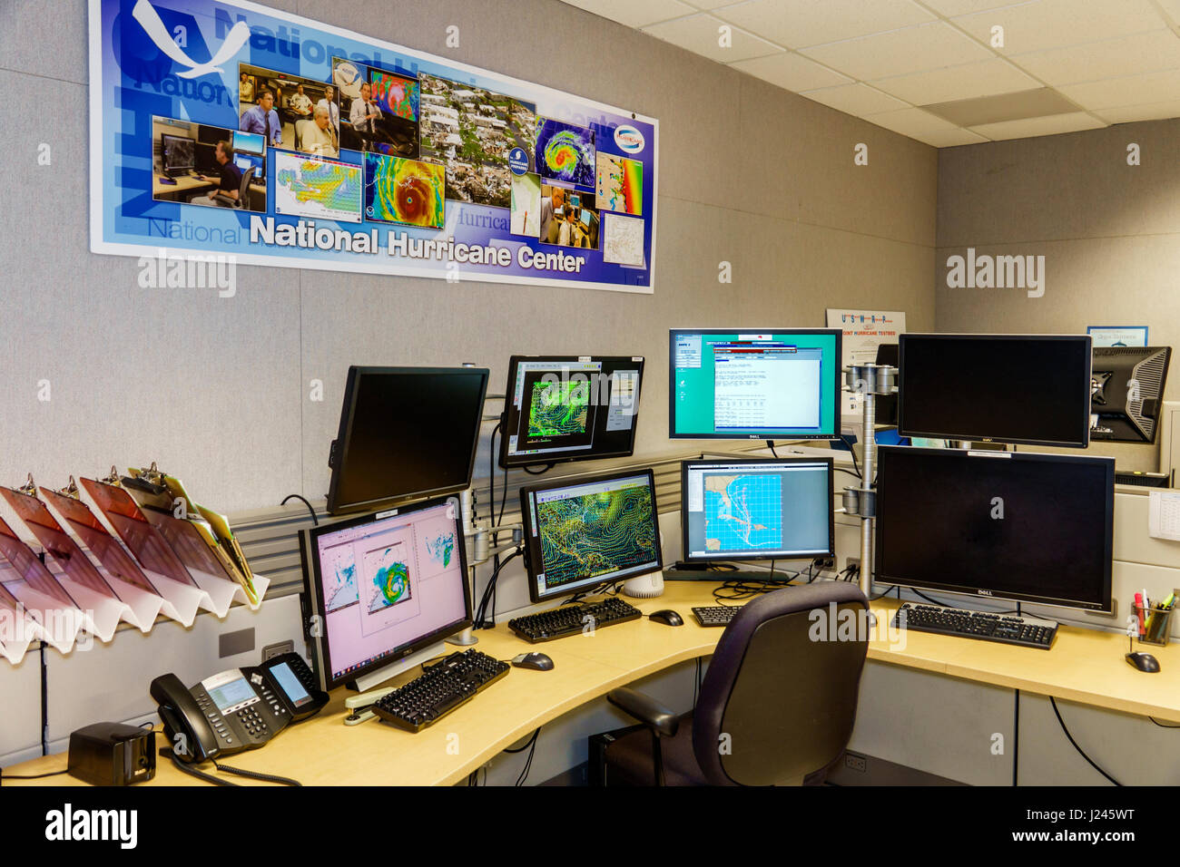 Miami Florida,National Hurricane Center,NHC,NOAA,National Weather Service,open house,interior inside,forecast desk,meteorology,satellite imagery displ Stock Photo