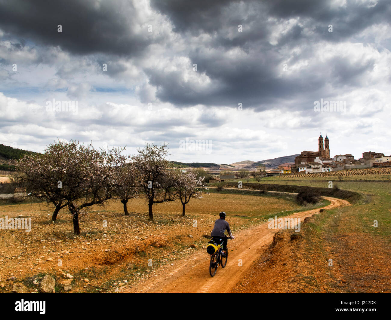 Mountain bikers in a spanish landscape in Ruta del Cid path Stock Photo