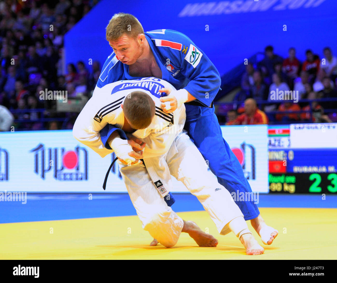 Axel Clerget Of France In Blue And Czech Judoka David Klammert In Action During The Czech Republic Vs France Team Match At The European Judo Championships In Warsaw Poland Sunday April 23