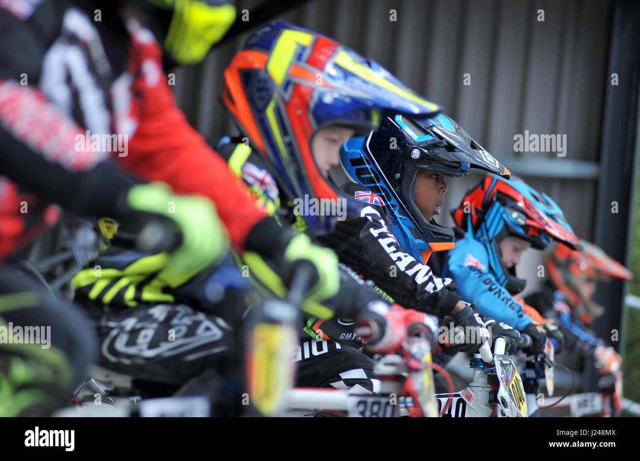 Birmingham Bike Park, Perry Barr, UK. 23rd April 2017. Riders wait on