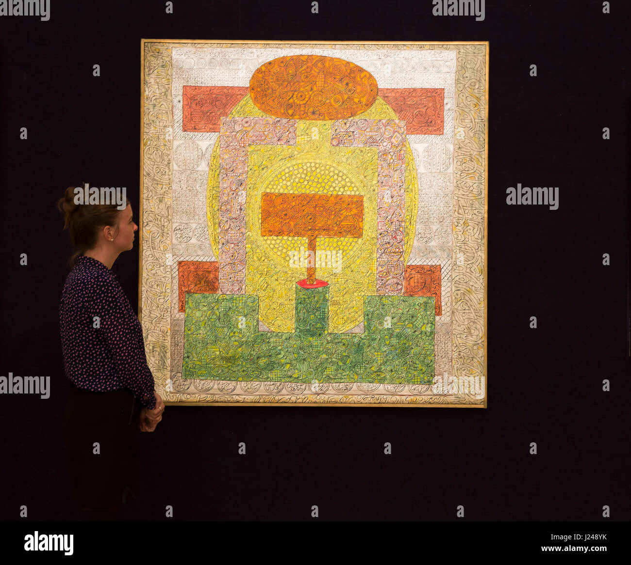 Mayfair, UK. 24th Apr, 2017. A Photocall for Masterpieces of Modern Middle Eastern Art at Bonhams in Mayfair took place prior to the Sale on the 26th April 2017. Highlights include Mir 54 Bz S by Charles Hossein Zenderoudi Credit: Keith Larby/Alamy Live News Stock Photo