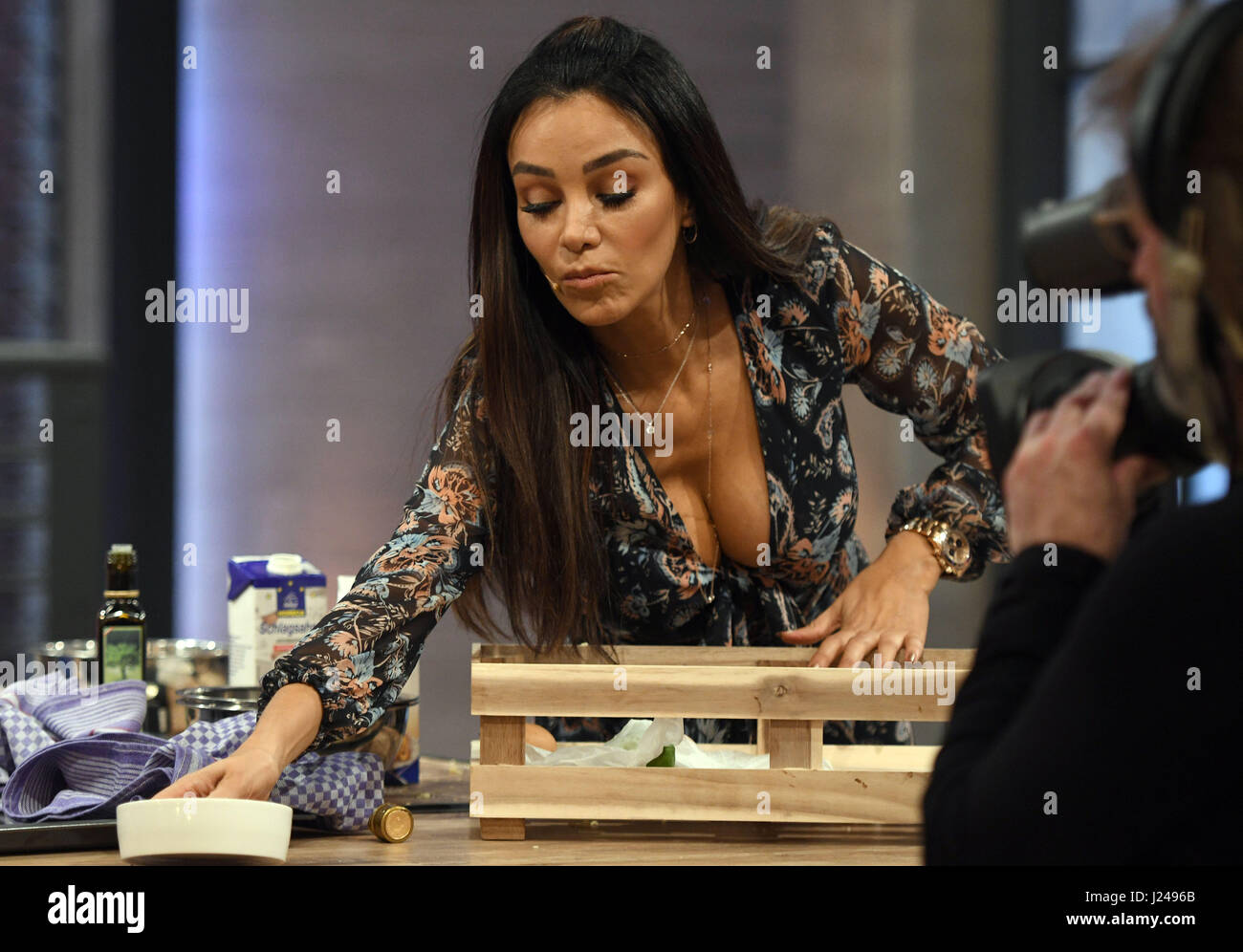 Presenter Verona Pooth on the set of the German TV programme 'Grill den  Henssler', a cooking show in which guests compete against TV cook Steffen  Henssler, in Cologne, Germany, 24 April 2017.