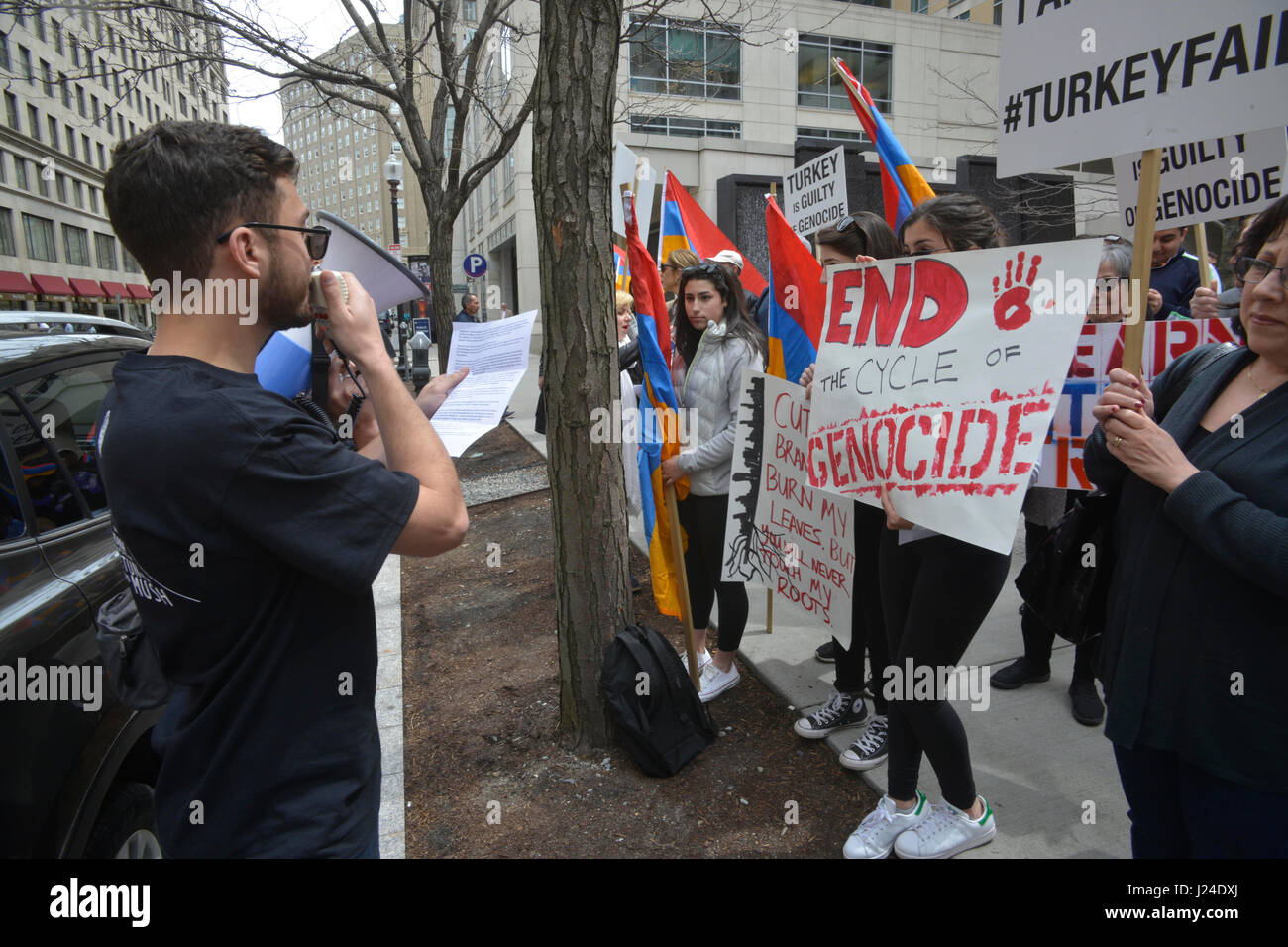 Boston, Massachusetts, USA. 24th Apr, 2017. Armenian Americans in Boston commemorate the 102 anniversary of the 1915 Armenian Genocide by Turkey during the First World War by protesting in front of the Turkish Consulate. Turkey denies that there was a genocide. The Armenians and historians world wide say 1.5 million were killed.This years commemoration of the Armenian Genocide was energized by the release of the Armenian Genocide based film ''The Promise'' that opened in theaters in the United States three days ago. Credit: Kenneth Martin/ZUMA Wire/Alamy Live News Stock Photo