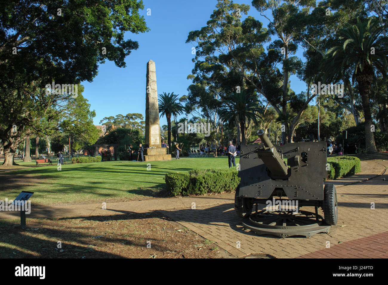 Guildford, Perth, Western Australia, Australia. 25th April, 2017. Preparations underway at the Guildford War Memorial in preparation for the traditional ANZAC Day service.  Sheldon Levis/Alamy Live News Stock Photo