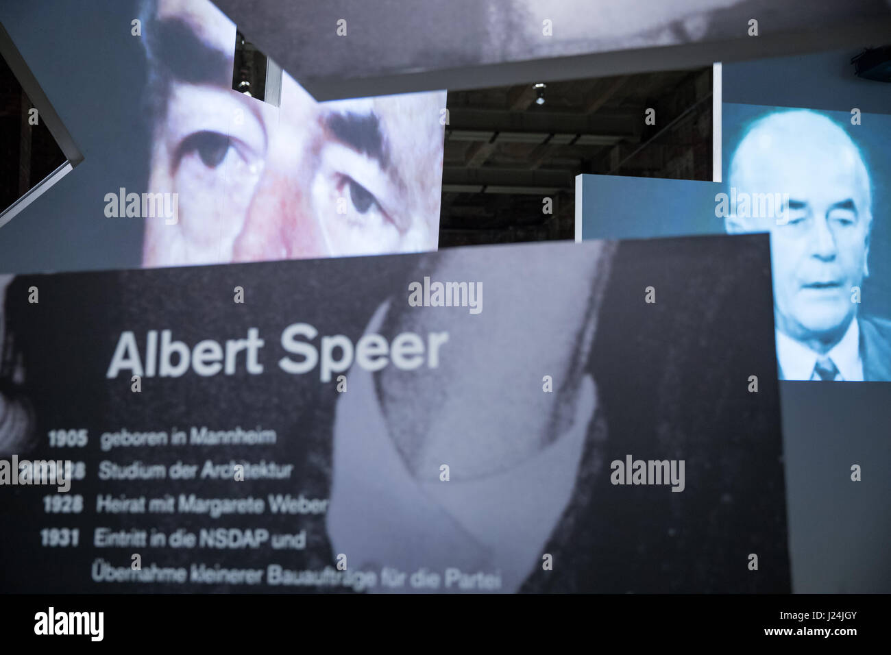 Projections of historical documents can be seen at the exhibition 'Albert Speer in der Bundesrepublik. Vom Umgang mit deutscher Vergangenheit' (lit. 'Albert Speer in the Federal Republic. On handling German past' at the Dokumentationszentrum Reichsparteigelaende (lit. 'Documentation Center Reichs Party Grounds') in Nuremberg, Germany, 25 April 2017. Using historical documents, the exhibition wants to proof that Speer was not, as assumed, an apolitical technocrate who did not know about the crimes of the Nazis. Photo: Daniel Karmann/dpa Stock Photo