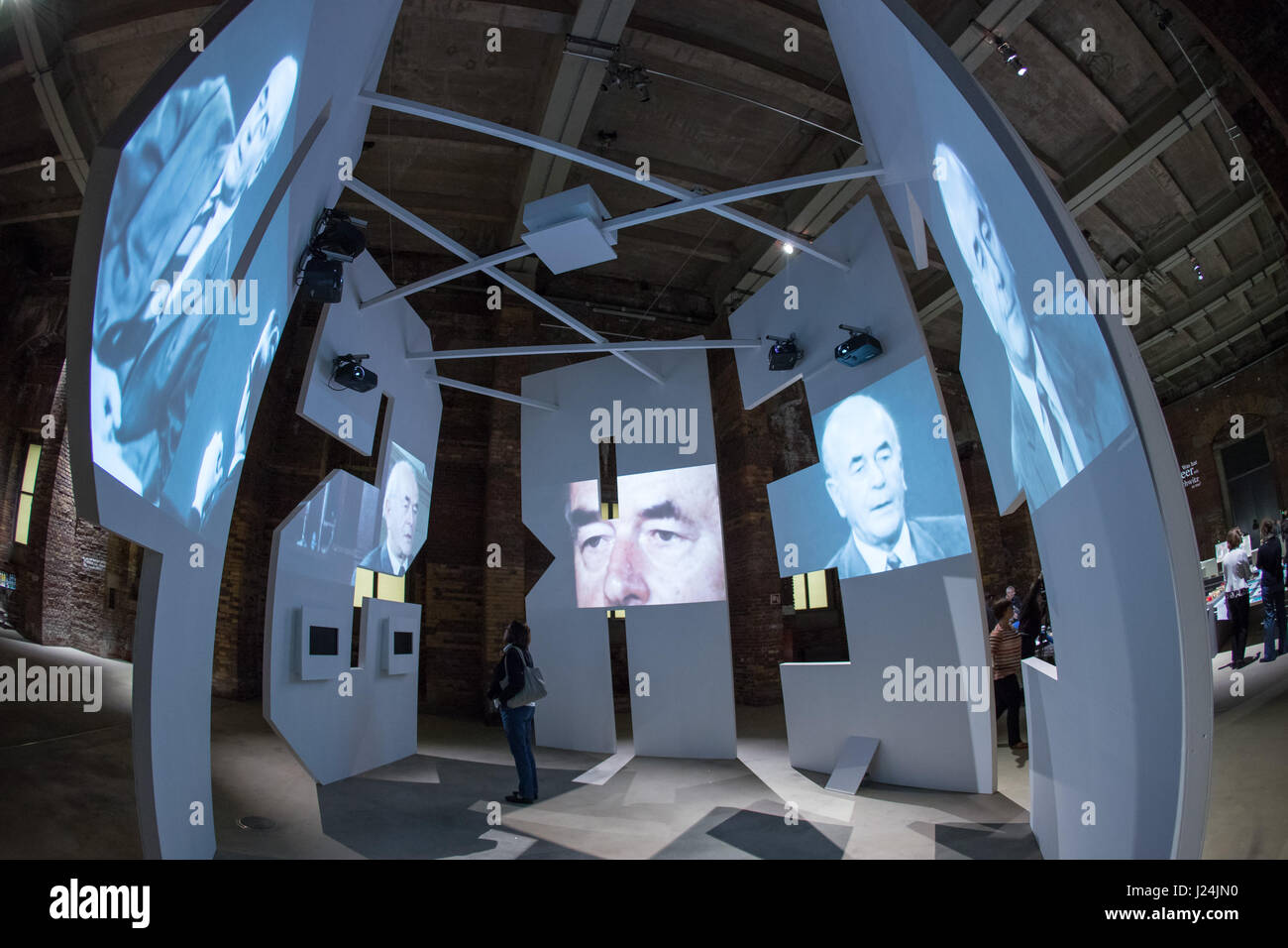 Nuremberg, Germany. 25th Apr, 2017. Projections of historical documents can be seen at the exhibition 'Albert Speer in der Bundesrepublik. Vom Umgang mit deutscher Vergangenheit' (lit. 'Albert Speer in the Federal Republic. On handling German past' at the Dokumentationszentrum Reichsparteigelaende (lit. 'Documentation Center Reichs Party Grounds') in Nuremberg, Germany, 25 April 2017. Using historical documents, the exhibition wants to proof that Speer was not, as assumed, an apolitical technocrate who did not know about the crimes of the Nazis. Photo: Daniel Karmann/dpa/Alamy Live News Stock Photo