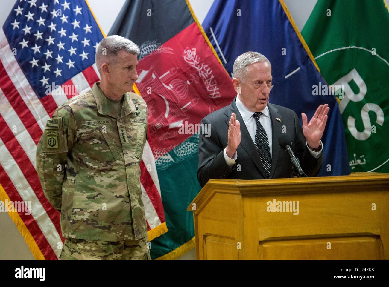 Kabul, Afghanistan. 24th Apr, 2017. U.S. Secretary of Defense James Mattis and U.S. Army Gen. John Nicholson, left, commander of Resolute Support,  hold a press conference at the Resolute Support Headquarters April 24, 2017 in Kabul, Afghanistan. Credit: Planetpix/Alamy Live News Stock Photo