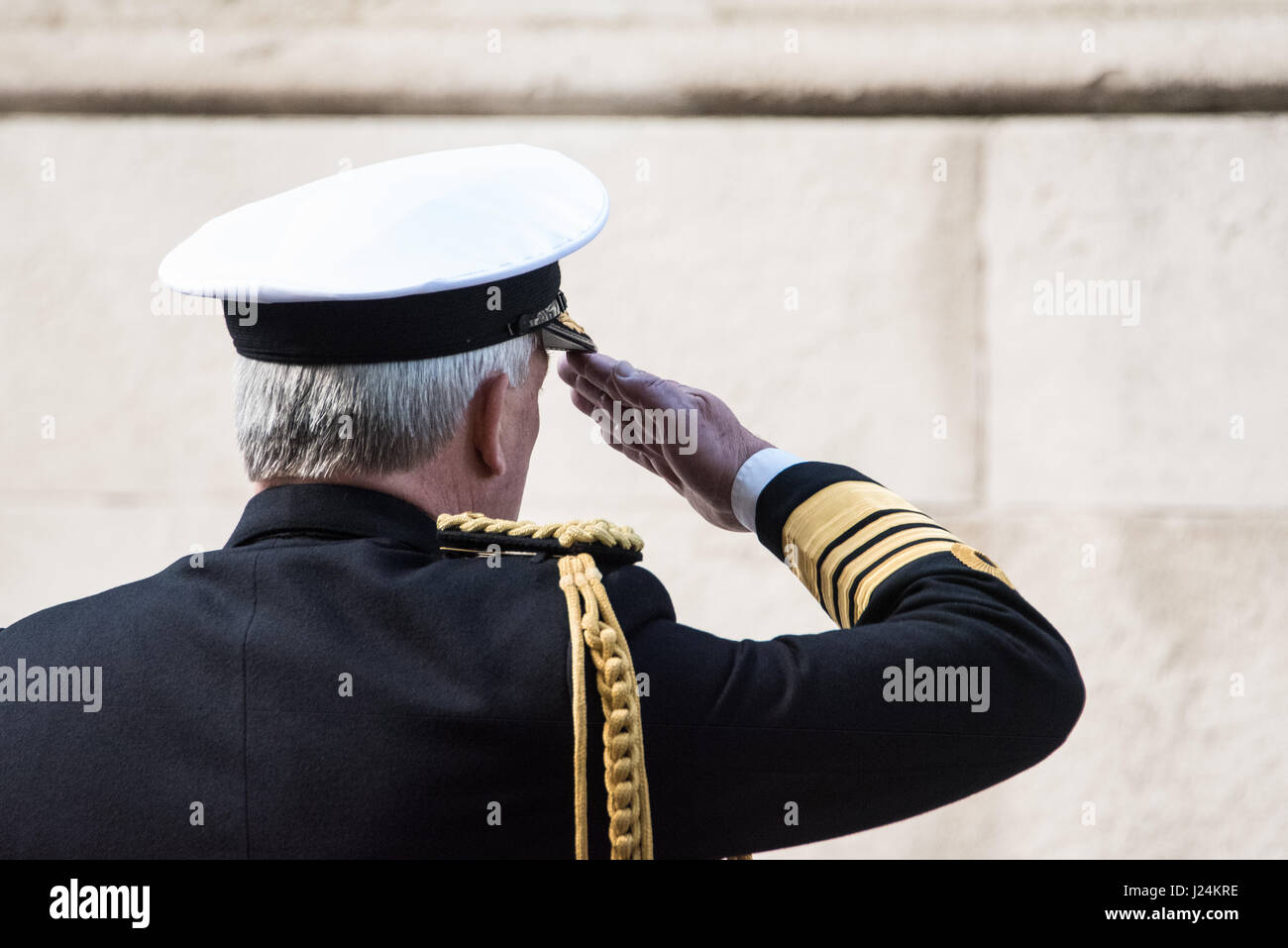 London, UK. 25th Apr, 2017. Officers salutes at the annual ANZAC commemeration in Whitehall, London Credit: Ian Davidson/Alamy Live News Stock Photo