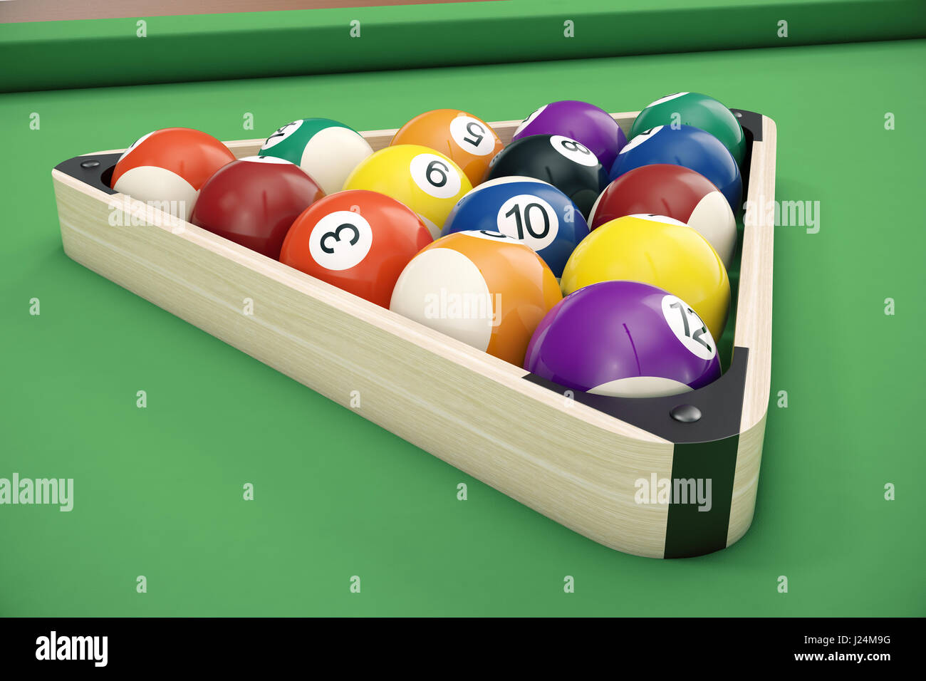 Pool billiard balls in a wooden rack, commonly used starting position