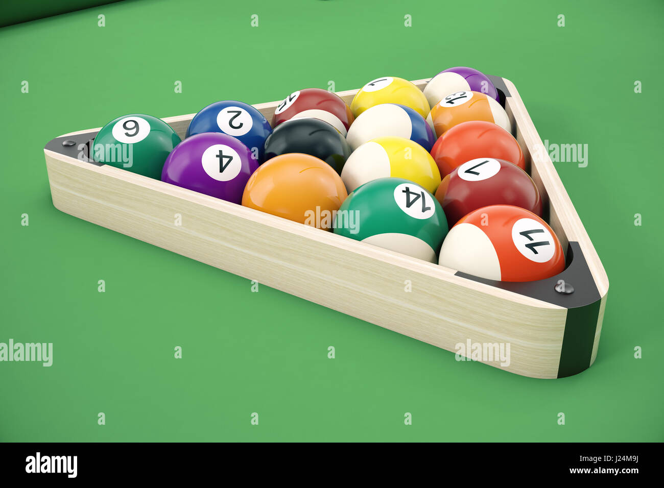 Pool billiard balls in a wooden rack, commonly used starting position