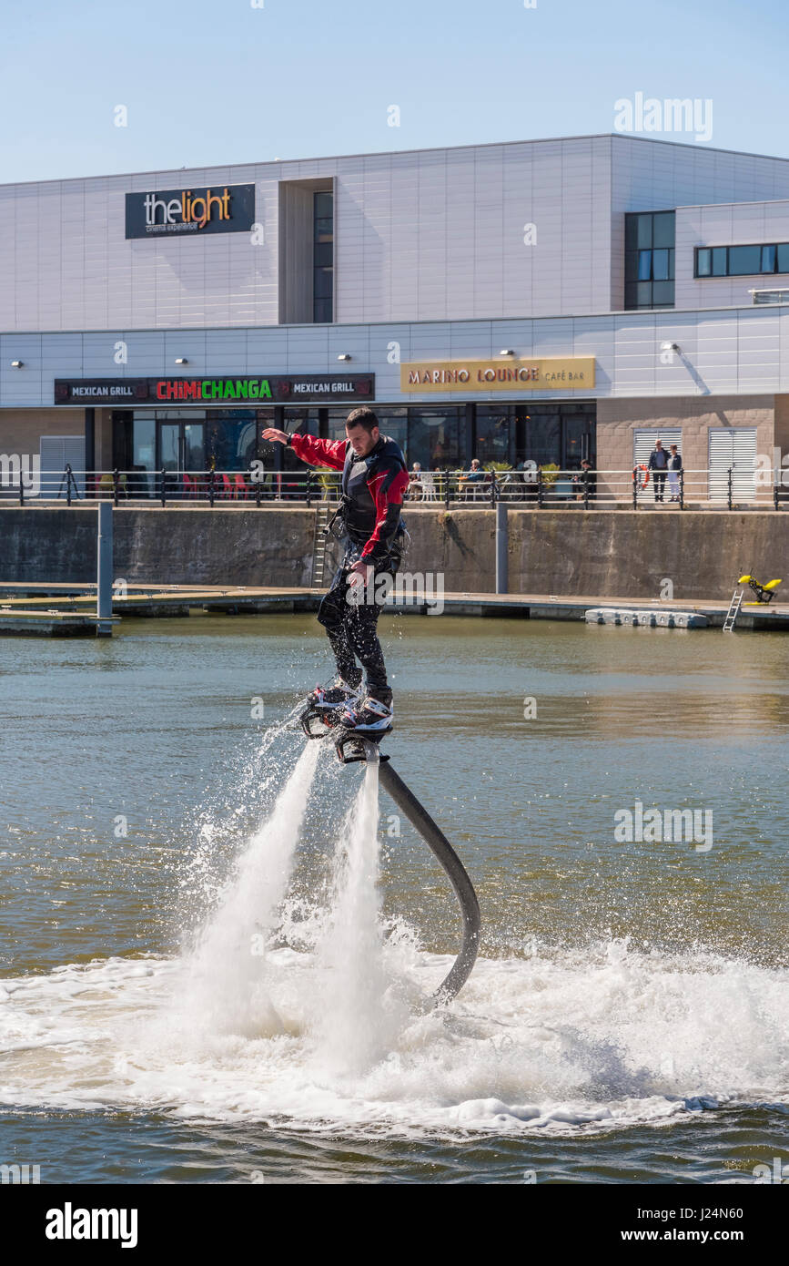 Flying on water jets. Power water jets. Stock Photo