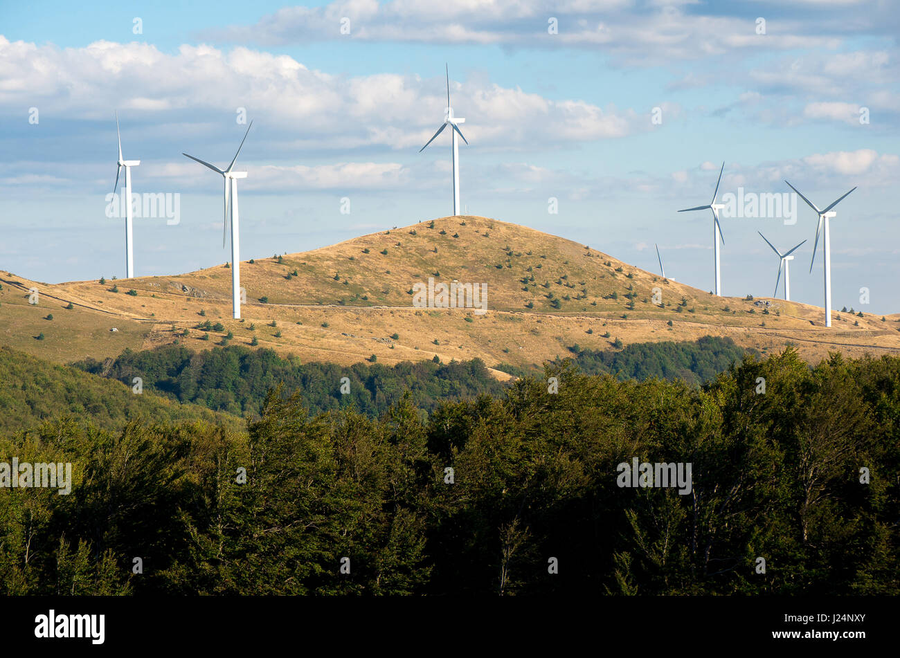 Horizontal wind turbines.  Renewable energy. Obtaining electricity from wind. Preservation of nature. Stock Photo