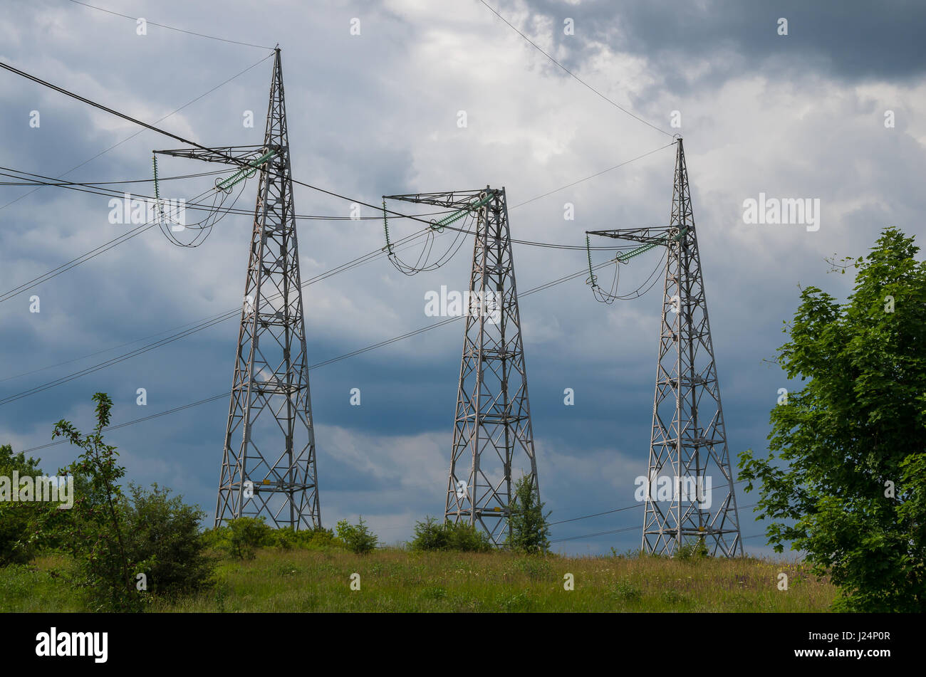 Electricity. High-voltage lines. Part of the energy infrastructure. Stock Photo