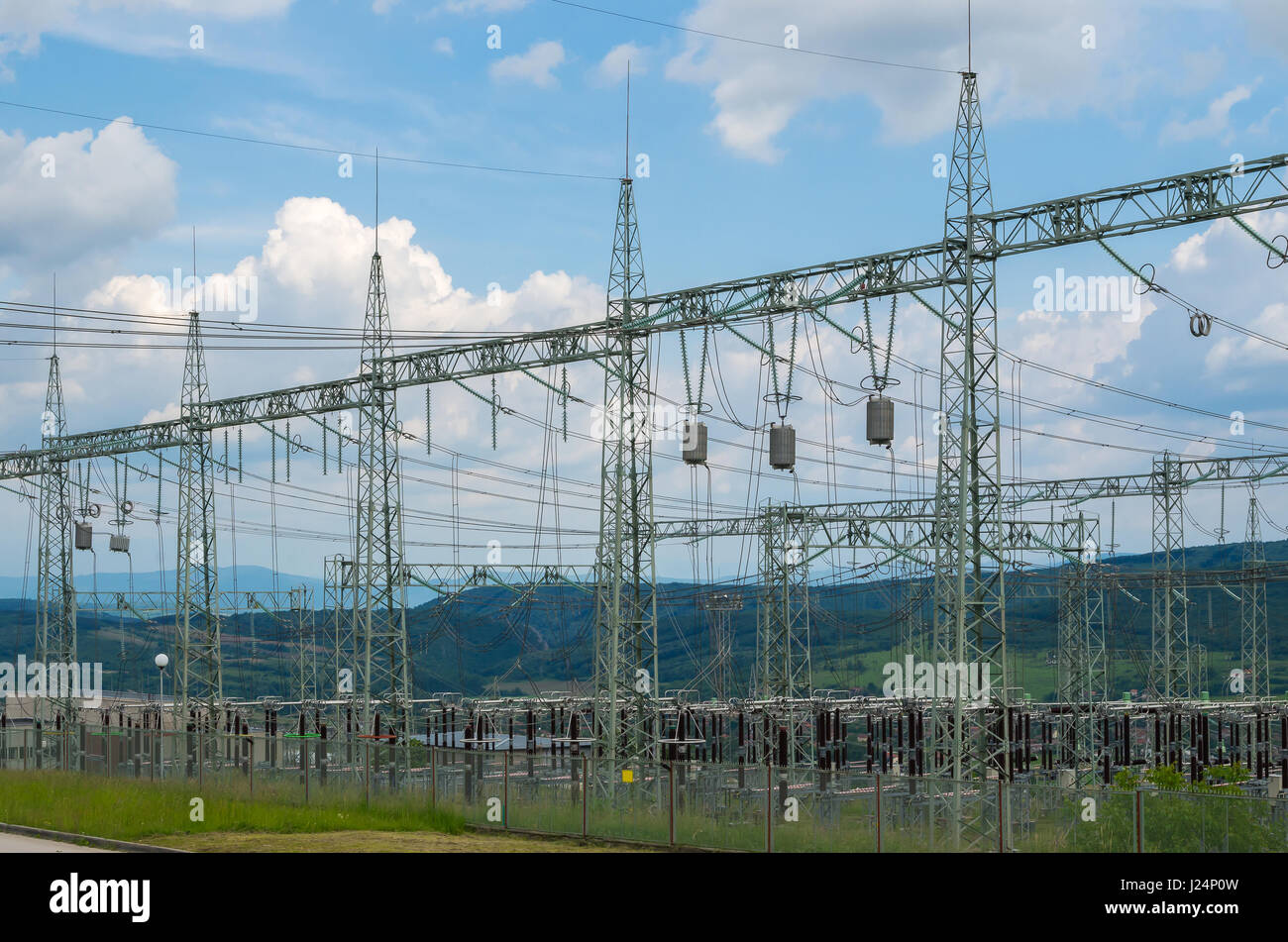 Power switching station. High-voltage substation with switches and disconnectors. Stock Photo