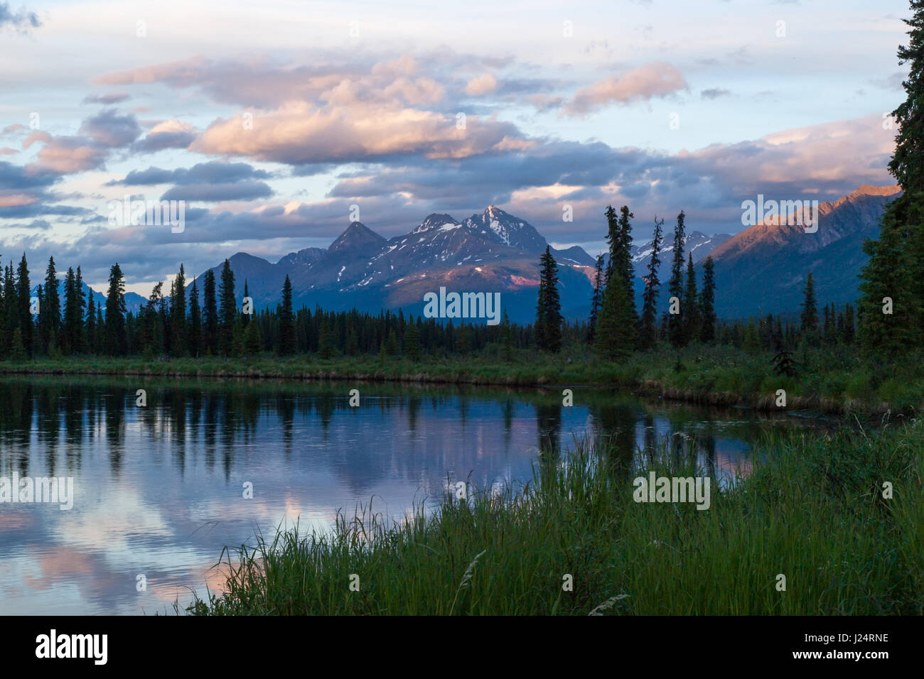 Sunset at Upper Stikine and Chukachida river confluence Stock Photo