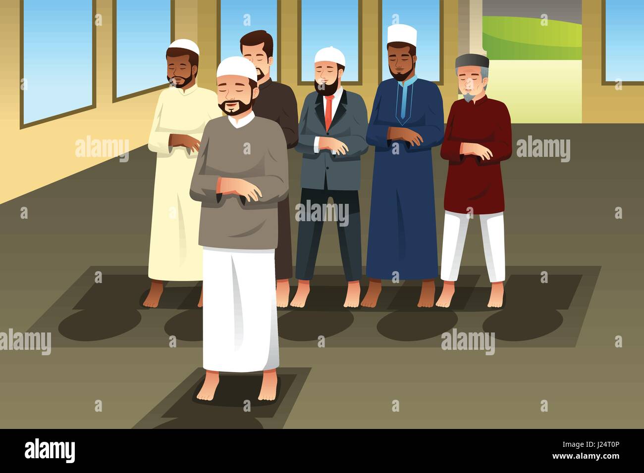 A vector illustration of Muslim Men Praying in Mosque Stock Vector