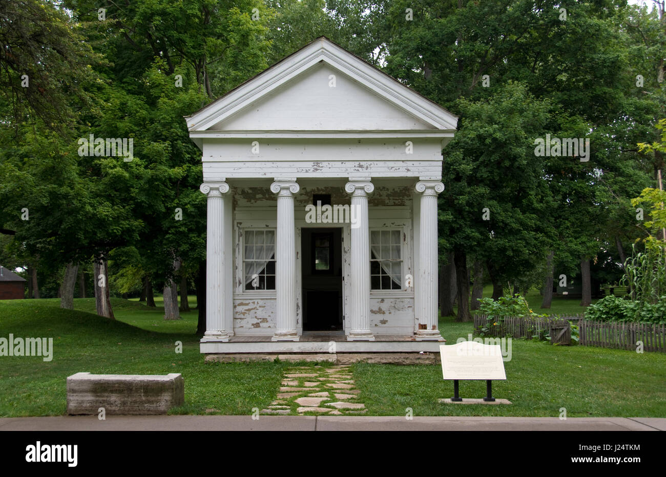The 1841 Greek Revival style Newcom House, now exhibited at Carillon Historical Park in Dayton, Ohio. Stock Photo